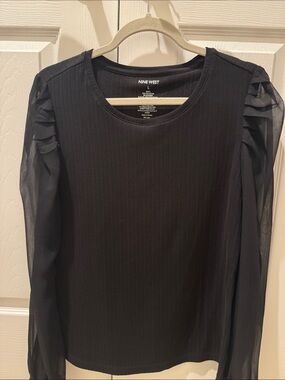 Nine West Black Long-Sleeve Ribbed Top with Sheer Puff Sleeves
